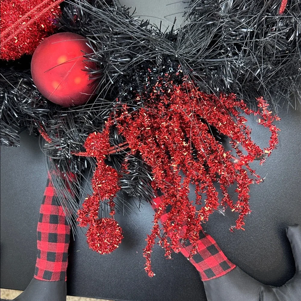 Bella Lux Halloween Witch Leg Wreath Red Black Glitter Baubles Pumpkin Hat Broom